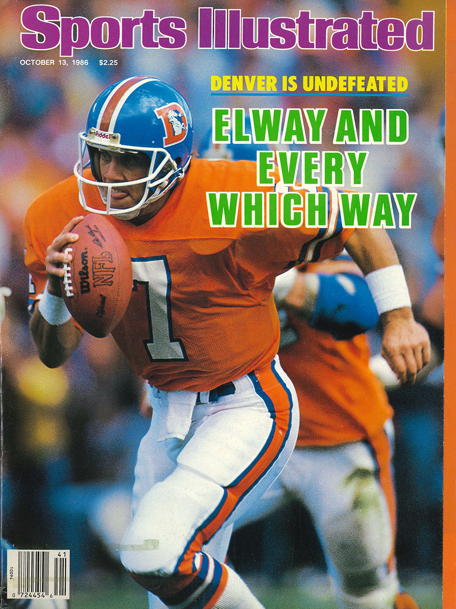 Front cover of Sports Illustrated Magazine with John Elway of the Broncos running the football.
