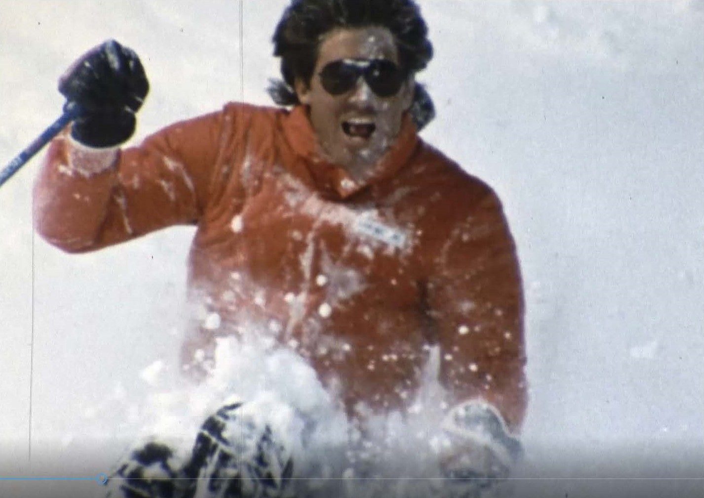 Image of Andy Mill skiing powder in the film Welcome to Aspen.